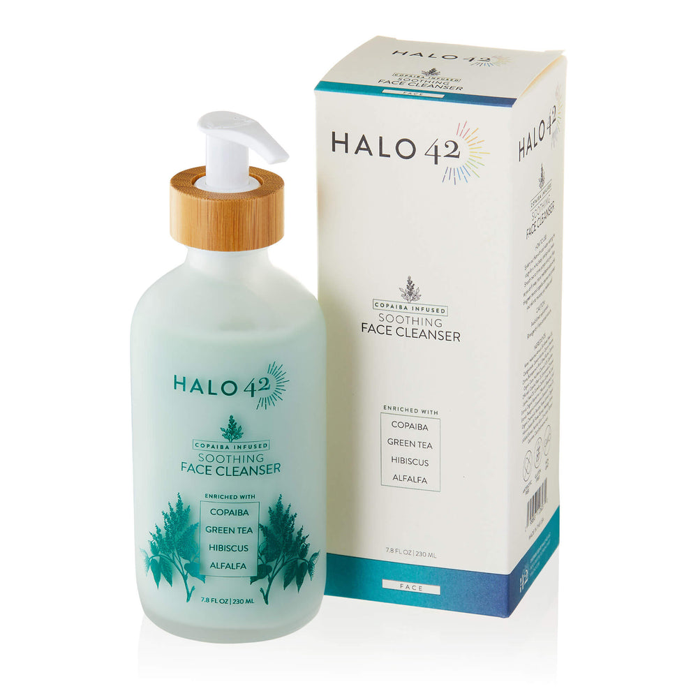 
                  
                    Halo42 Skincare Copaiba infused soothing face cleanser front of bottle and front of box to show packaging
                  
                