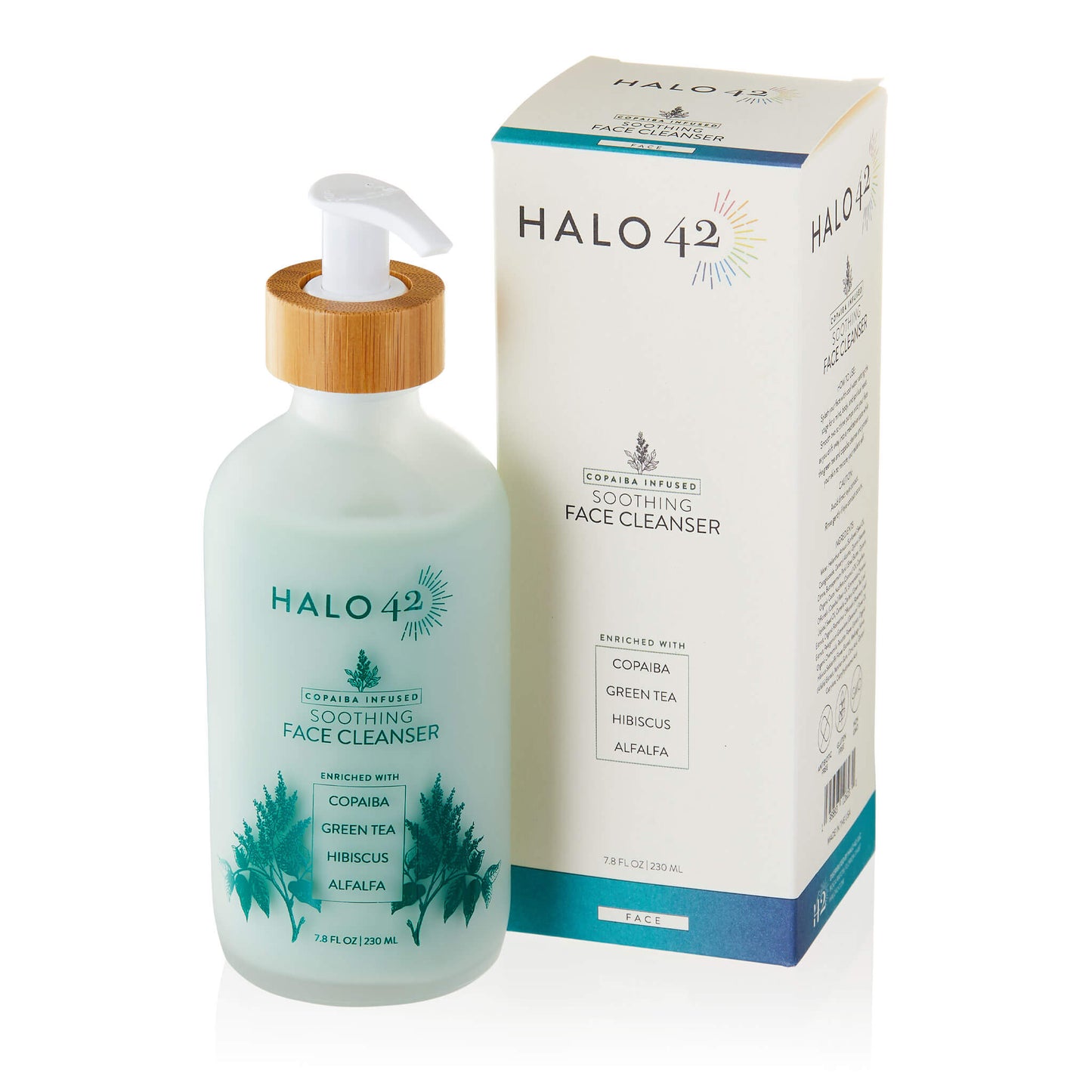 Halo42 Skincare Copaiba infused soothing face cleanser front of bottle and front of box to show packaging