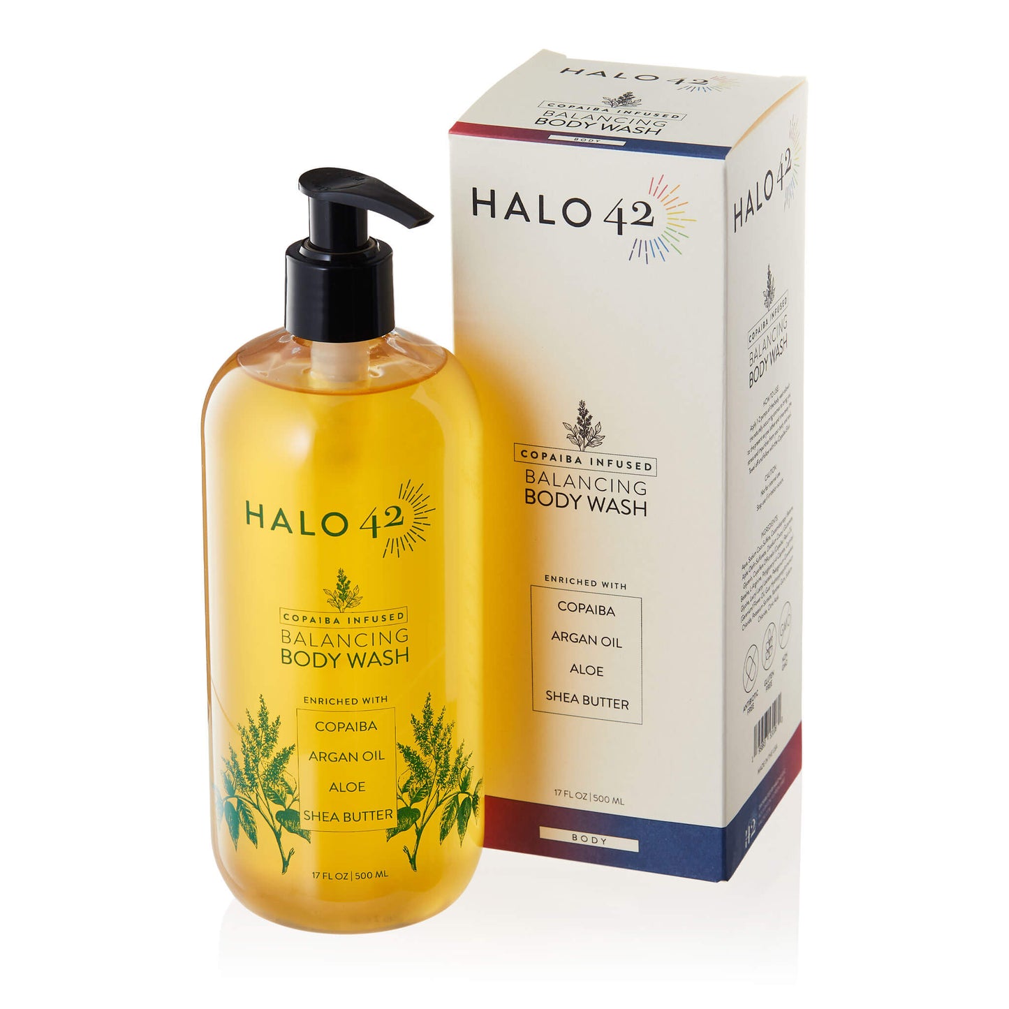Halo42 skincare copaiba infused balancing body wash bottle and box