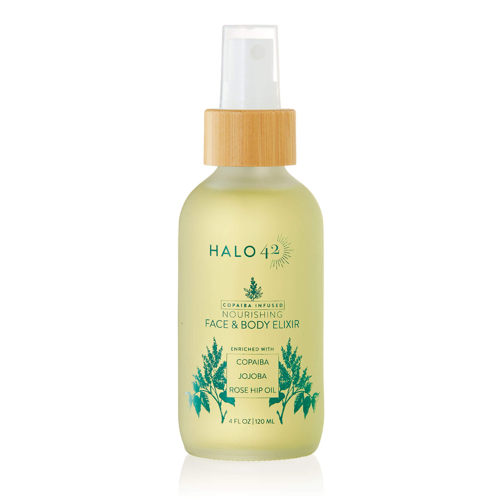 Halo42 Copaiba infused face and body elixir front of bottle