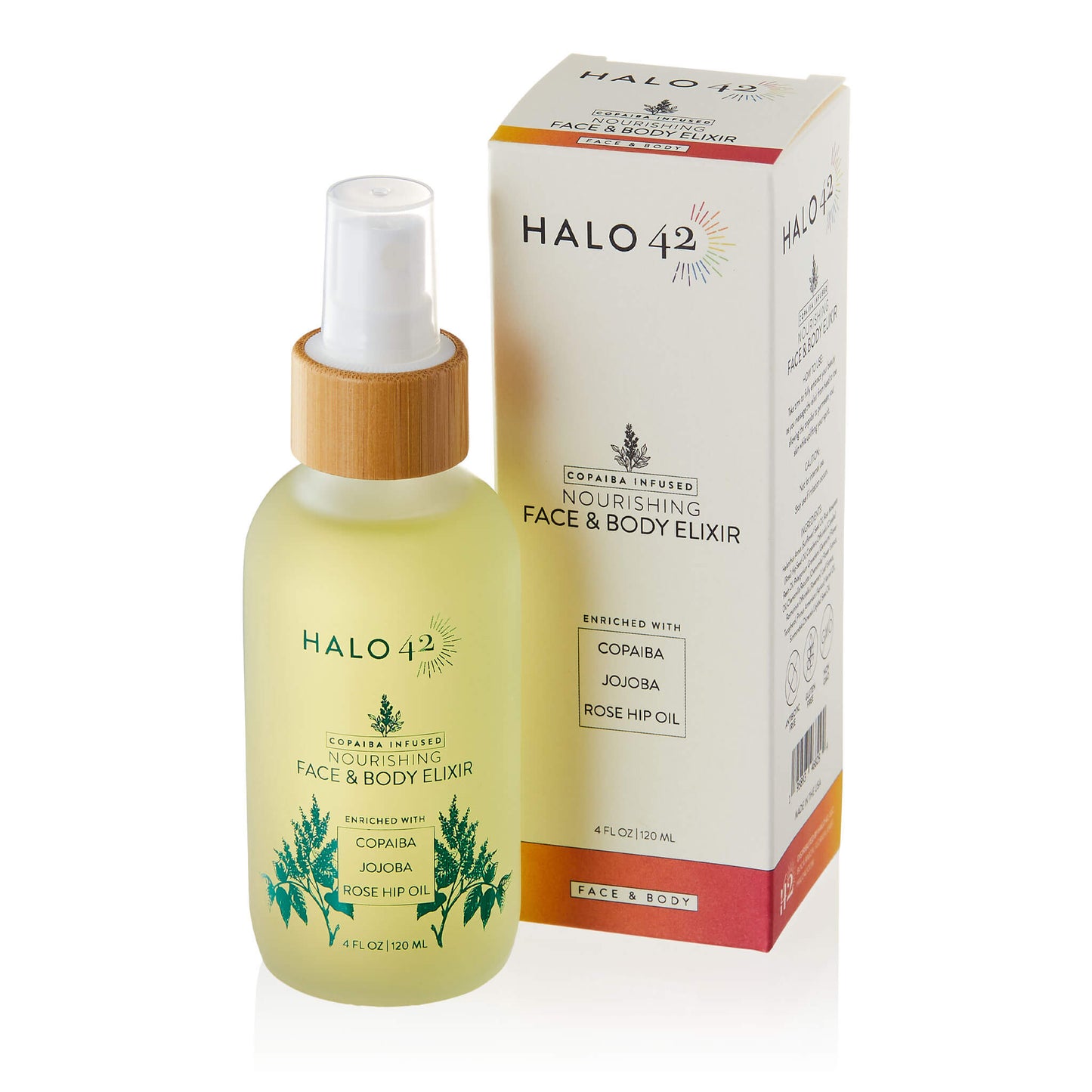 Halo42 Copaiba infused face and body elixir bottle and box