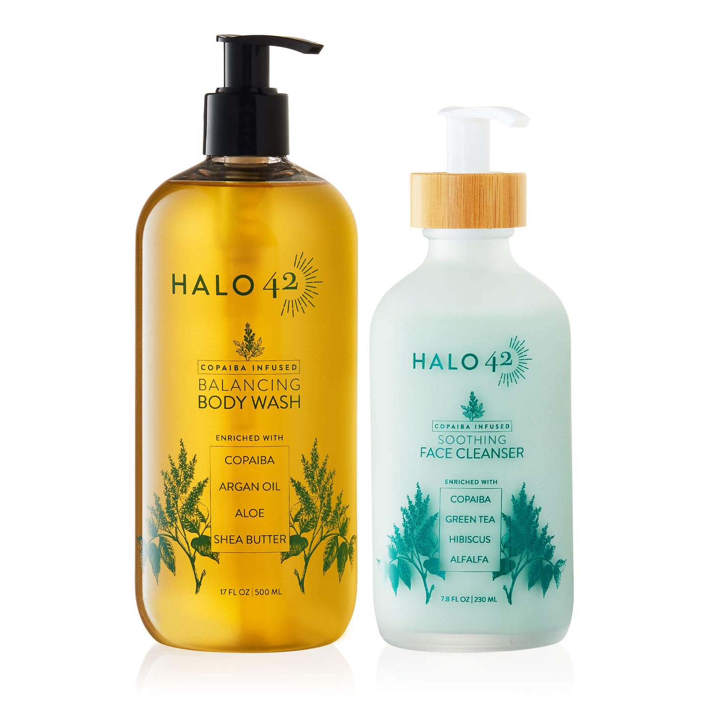 Halo42 skincare washes bundle features copaiba infused balancing body wash and copaiba infused soothing face cleanser bottles front
