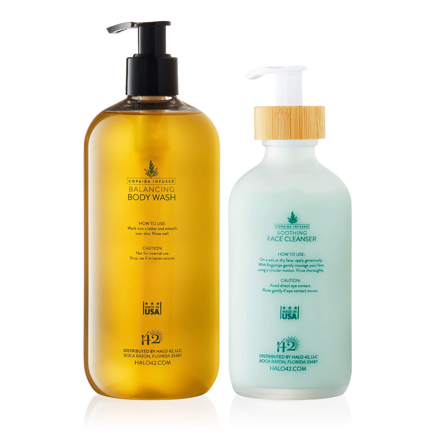 Halo42 skincare washes bundle features copaiba infused balancing body wash and copaiba infused soothing face cleanser back of bottles