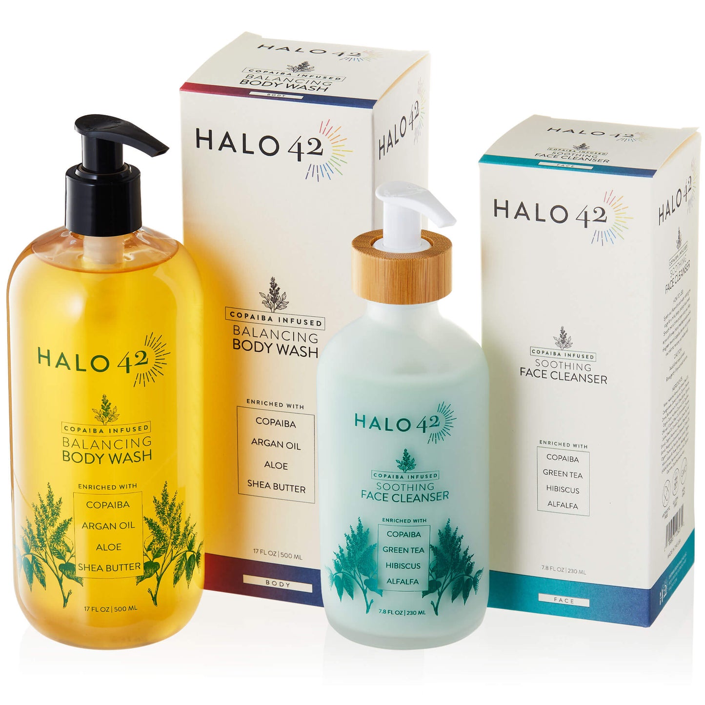 Halo42 skincare washes bundle features copaiba infused balancing body wash and copaiba infused soothing face cleanser Bottles and boxes