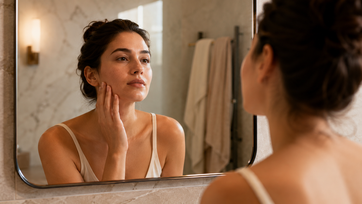 Woman looking calmly in the mirror while assessing her skin in a clean, softly lit bathroom.