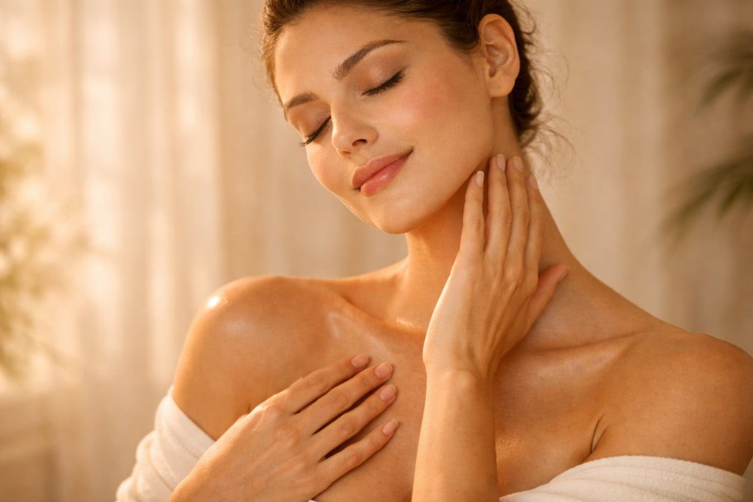 Close-up portrait of a woman with warm glowing skin on her face, neck, and upper chest in soft morning light.