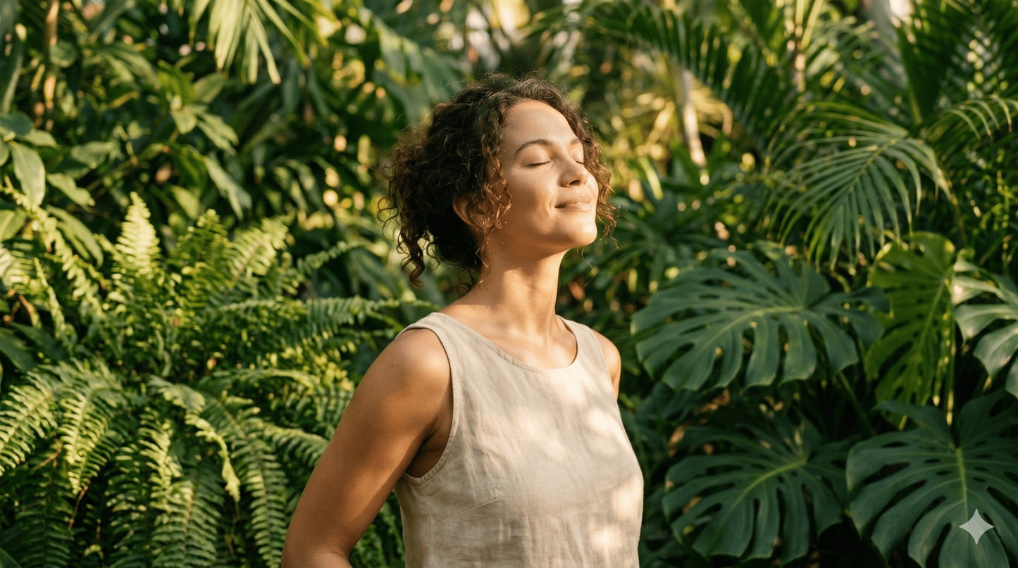 Peaceful woman with radiant, healthy skin smiling in a sunlit lush garden, representing the natural path to rejuvenate stressed skin.