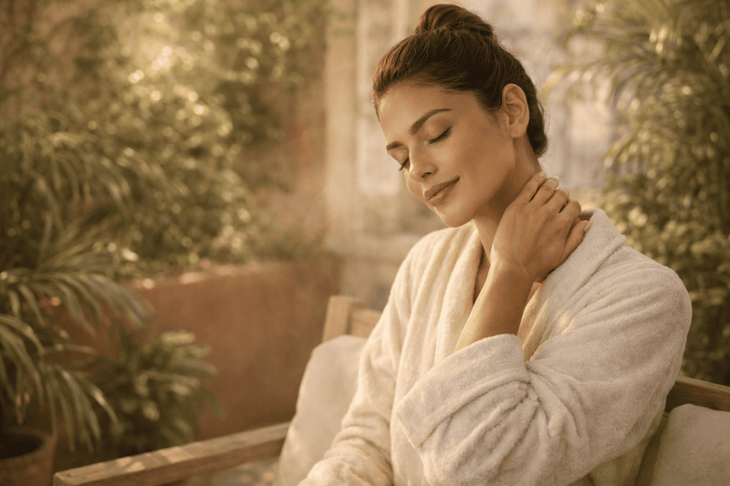 Woman seated in a botanical courtyard touching her neck and shoulder in warm sunlight.