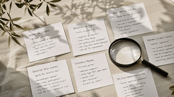 Editorial flat lay of handwritten skincare claim cards on a clean desk with a magnifying glass, soft natural light, linen texture, and botanical shadows, suggesting careful research and confident skincare evaluation.