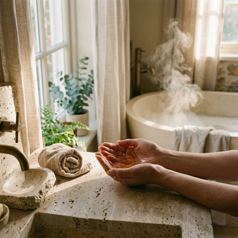 A moment of quiet devotion: warming a few drops of oil between the palms to welcome a new step into your ritual.