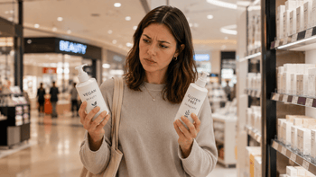 Confused woman in a mall beauty aisle comparing vegan and gluten-free skincare products, holding one bottle in each hand while deciding which product label best fits her needs.