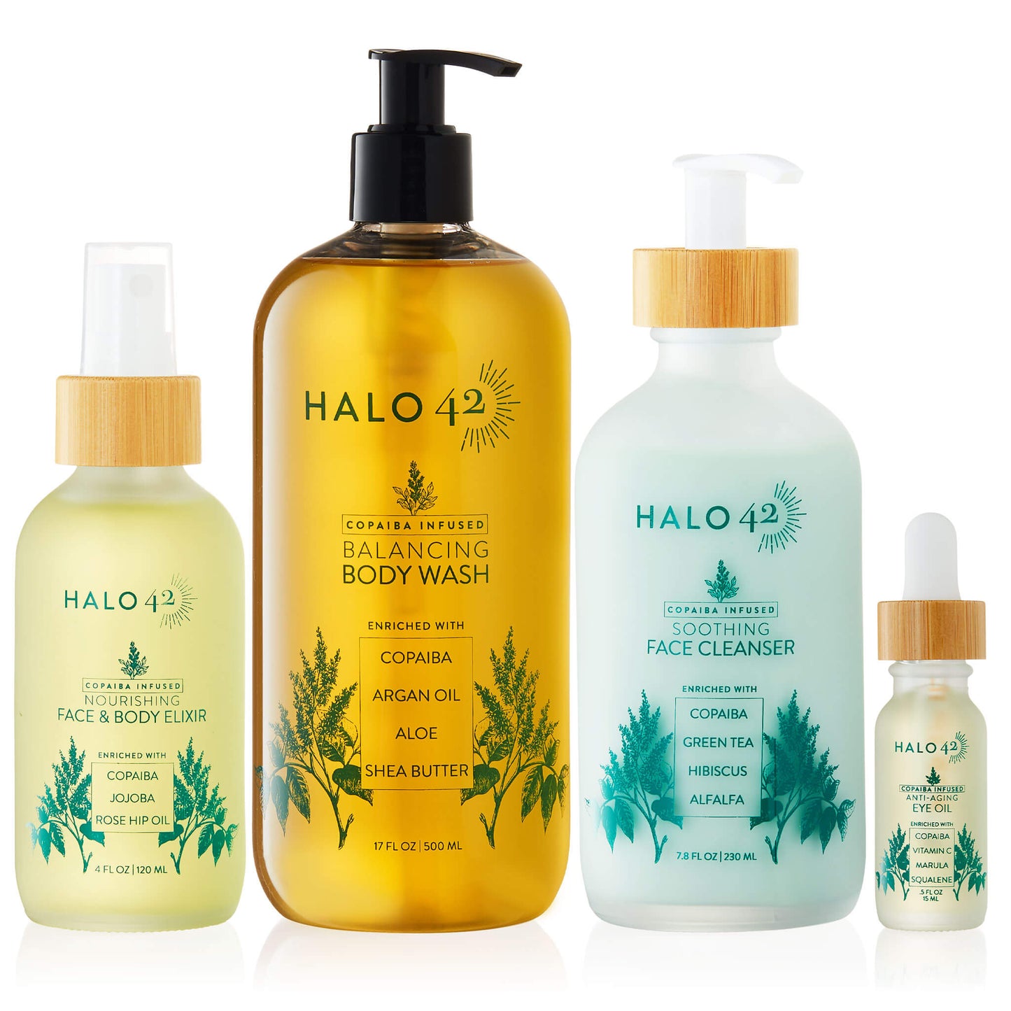 Halo42 skincare full body copaiba collection features copaiba infused balancing body wash and copaiba infused soothing face cleanser copaiba infused face and body elixir and copaiba infused anti-aging eye oil