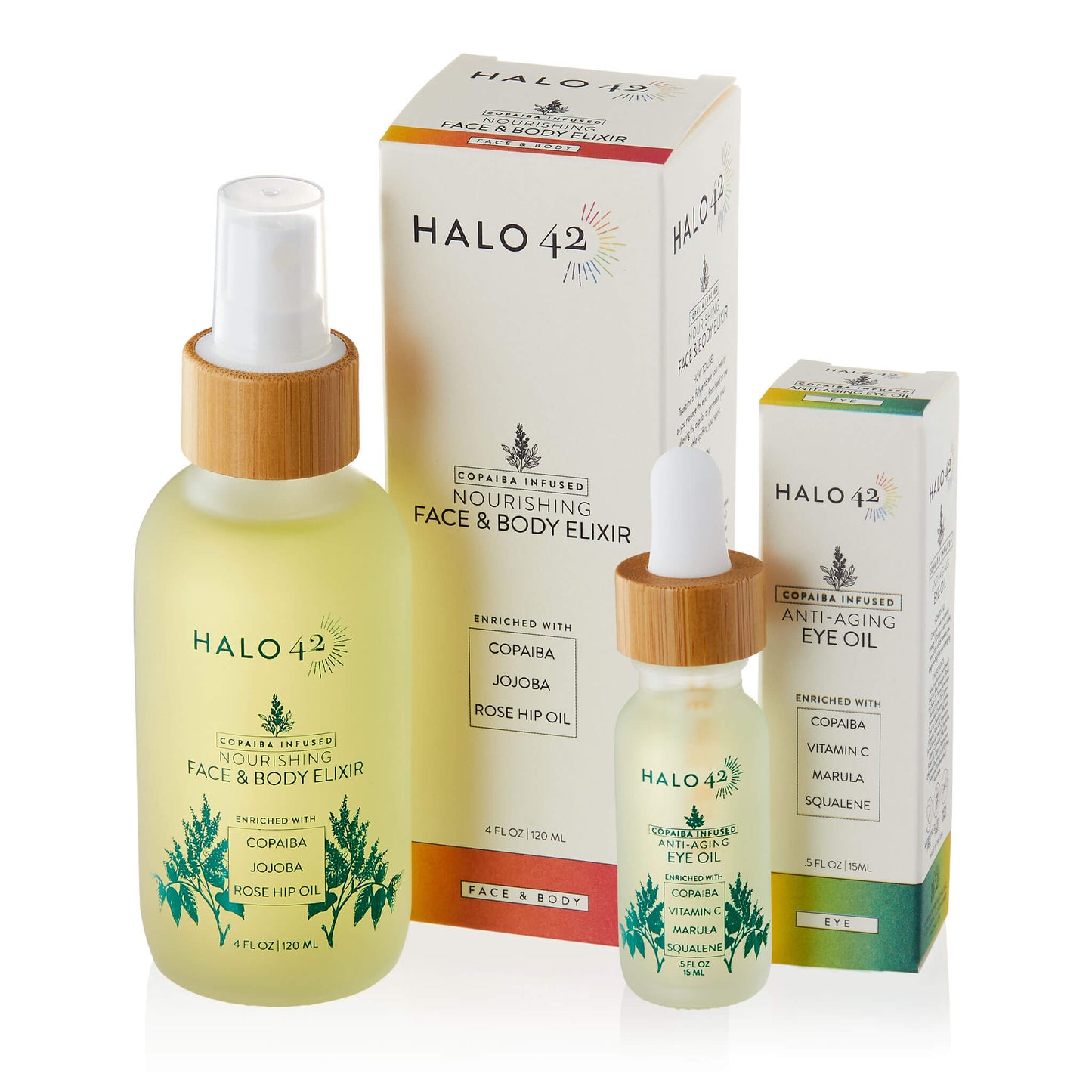 
                  
                    Halo42 Skincare Copaiba-infused anti-aging duo bottles and boxes
                  
                