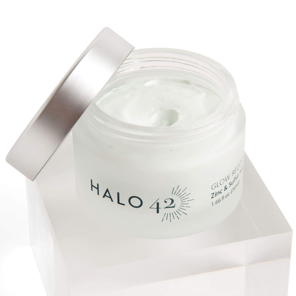 Halo42 skincare zinc and sulfur mask bottle open showing product